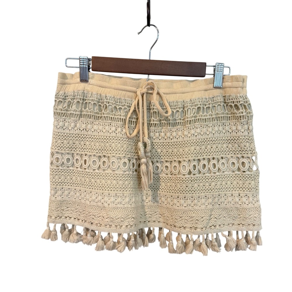 Ramy Brook Crochet Mini Skirt Cover Up S Cream Tassel Mirror Boho Festival
